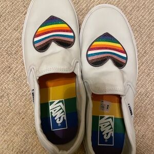 Vans White Slip-On Sneakers with Rainbow Heart Design Aster Pride